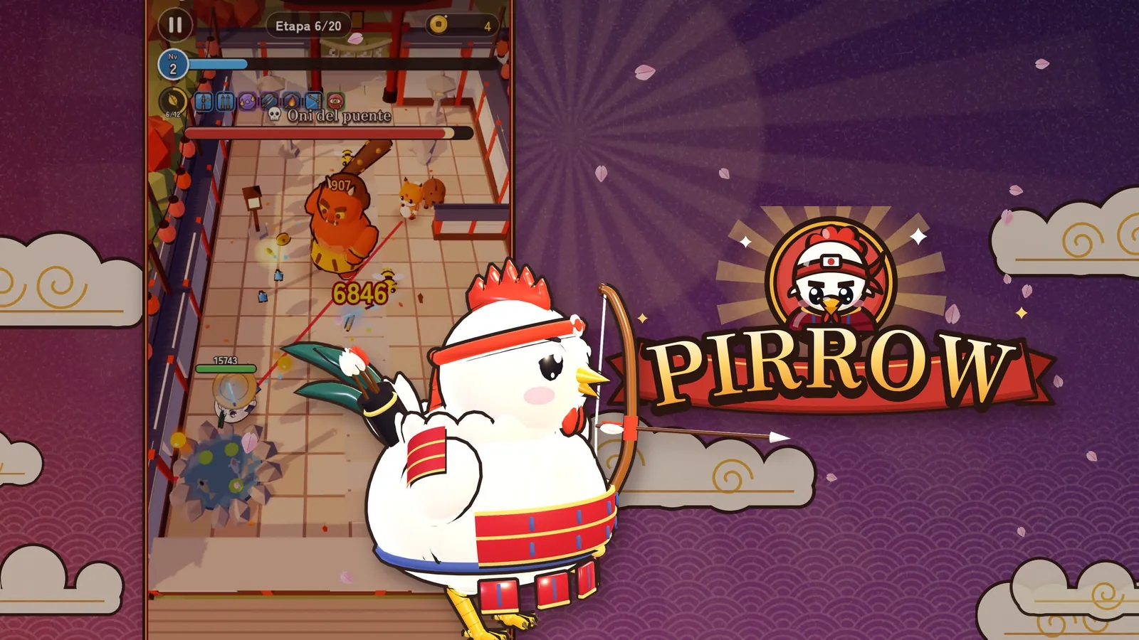 Arte de PIRROW: el gallo arquero frente a un jefe oni