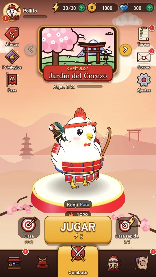Menú principal con el gallo Kenji