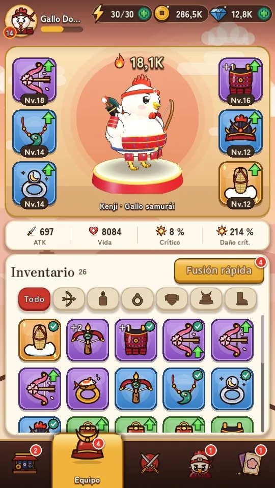 Pantalla de equipo e inventario